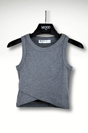 Antrasit Kolsuz Crop Kruvaze Detaylı Fitilli Top Atlet Tişört