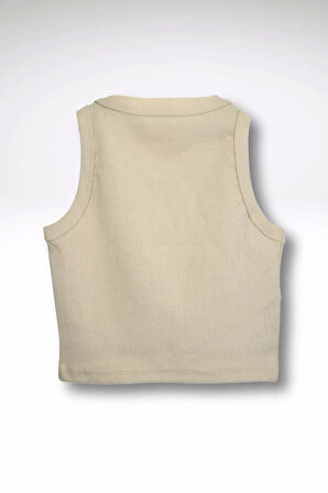 Bej Rengi Kolsuz Crop Kruvaze Detaylı Fitilli Top Atlet Tişört