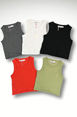 Haki Yeşili Kolsuz Crop Kruvaze Detaylı Top Atlet Tişört