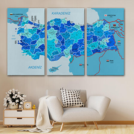 Harita Sepeti Türkiye Haritası Kanvas Tablo İl ve İlçeli Ayrıntılı Eğitici Komşulu Tablo 3002