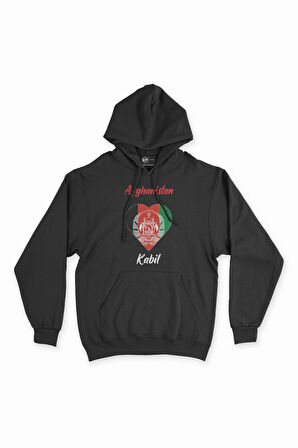 Kabil Afganistan Bayraklı Kalpli Siyah Sweatshirt Hoodie