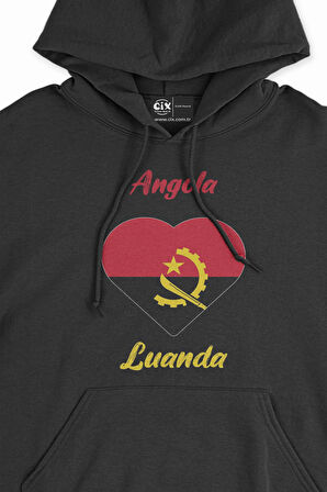 Luanda Angola  Bayraklı Kalpli Siyah Sweatshirt Hoodie