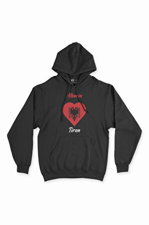 Tiran Arnavutluk Bayraklı Kalpli Siyah Sweatshirt Hoodie