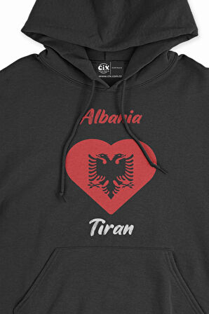 Tiran Arnavutluk Bayraklı Kalpli Siyah Sweatshirt Hoodie