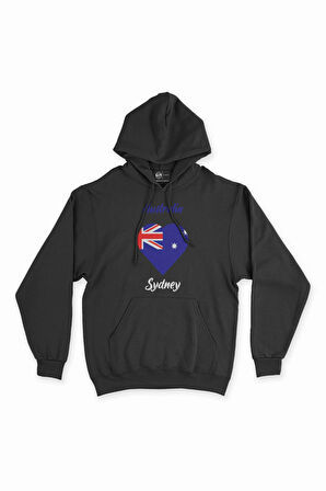 Sidney Avusturalya Bayraklı Kalpli Siyah Sweatshirt Hoodie