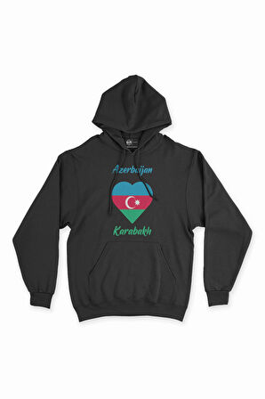 Karabağ Azerbaycan Bayraklı Kalpli Siyah Sweatshirt Hoodie