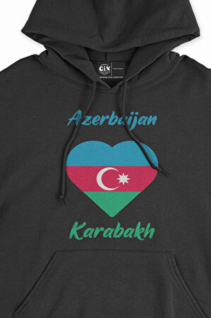 Karabağ Azerbaycan Bayraklı Kalpli Siyah Sweatshirt Hoodie