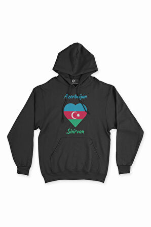 Şirvan Azerbaycan Bayraklı Kalpli Siyah Sweatshirt Hoodie