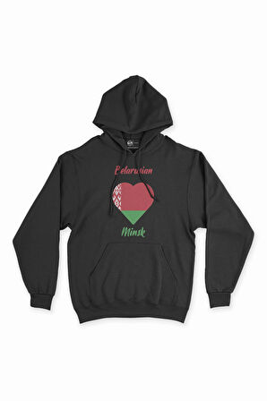 Minsk Belarus Bayraklı Kalpli Siyah Sweatshirt Hoodie