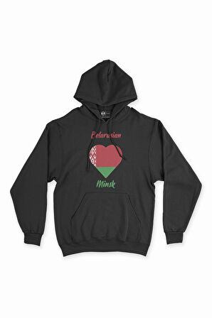 Minsk Belarus Bayraklı Kalpli Siyah Sweatshirt Hoodie