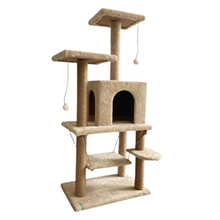 Reyo Pet Y01 Salıncaklı Yuvalı Lüx Kedi Tırmalama Oyun Evi Bej