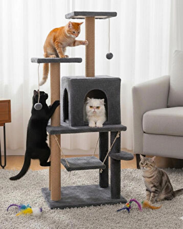 Reyo Pet Y01 Salıncaklı Yuvalı Lüx Kedi Tırmalama Oyun Evi Antrasit