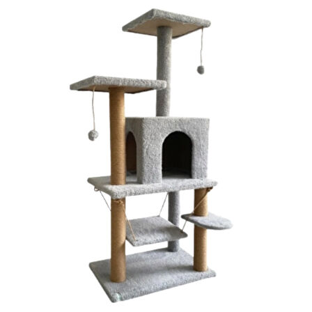 Reyo Pet Y01 Salıncaklı Yuvalı Lüx Kedi Tırmalama Oyun Evi Gri