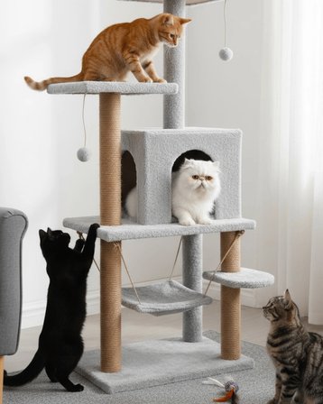Reyo Pet Y01 Salıncaklı Yuvalı Lüx Kedi Tırmalama Oyun Evi Gri