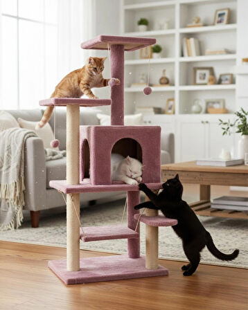 Reyo Pet Y01 Salıncaklı Yuvalı Lüx Kedi Tırmalama Oyun Evi Gül Kurusu