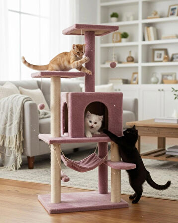 Reyo Pet Y01 Salıncaklı Yuvalı Lüx Kedi Tırmalama Oyun Evi Gül Kurusu