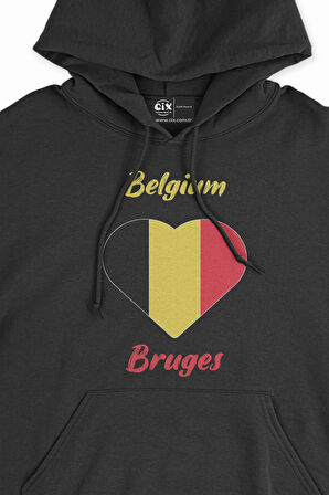 Bruge Belçika Bayraklı Kalpli Siyah Sweatshirt Hoodie