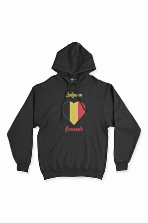 Brüksel Belçika Bayraklı Kalpli Siyah Sweatshirt Hoodie