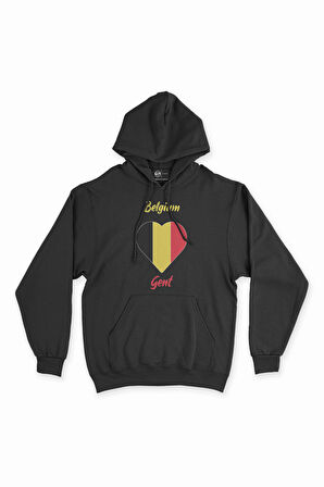 Gent Belçika Bayraklı Kalpli Siyah Sweatshirt Hoodie