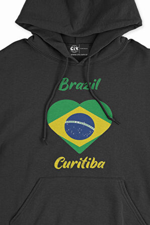 Curitiba Brezilya Bayraklı Kalpli Siyah Sweatshirt Hoodie