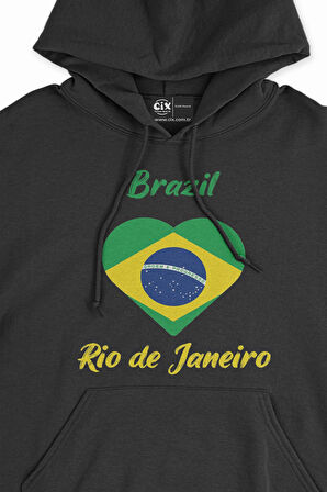 Rio De Janerio Brezilya Bayraklı Kalpli Siyah Sweatshirt Hoodie