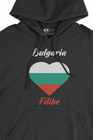 Filibe Bulgaristan Bayraklı Kalpli Siyah Sweatshirt Hoodie