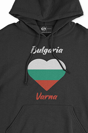 Varna Bulgaristan Bayraklı Kalpli Siyah Sweatshirt Hoodie