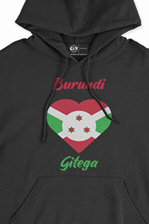 Gitega Burundi Bayraklı Kalpli Siyah Sweatshirt Hoodie