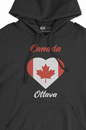Ottava Canada Bayraklı Kalpli Siyah Sweatshirt Hoodie