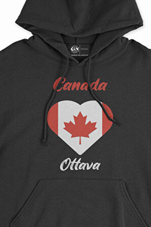 Ottava Canada Bayraklı Kalpli Siyah Sweatshirt Hoodie