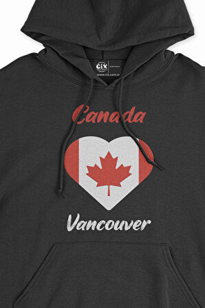 Vancouver Canada Bayraklı Kalpli Siyah Sweatshirt Hoodie