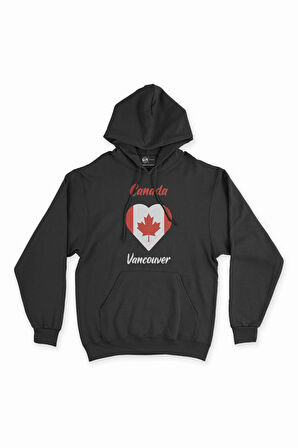 Vancouver Canada Bayraklı Kalpli Siyah Sweatshirt Hoodie