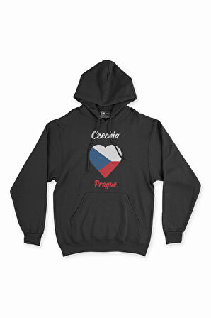 Prag Çekya Bayraklı Kalpli Siyah Sweatshirt Hoodie