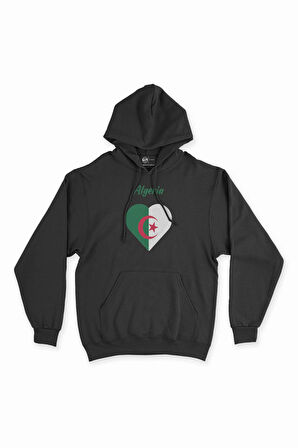 Cezayir Bayraklı Kalpli Siyah Sweatshirt Hoodie
