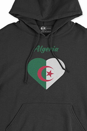 Cezayir Bayraklı Kalpli Siyah Sweatshirt Hoodie