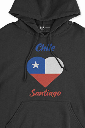 Santiago Şili Bayraklı Kalpli Siyah Sweatshirt Hoodie