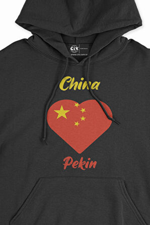 Pekin Çin Bayraklı Kalpli Siyah Sweatshirt Hoodie