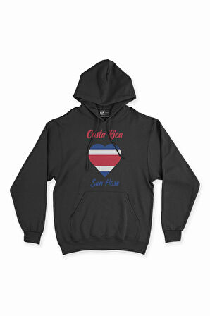 San Hose Kosta Rika Bayraklı Kalpli Siyah Sweatshirt Hoodie