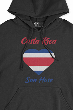 San Hose Kosta Rika Bayraklı Kalpli Siyah Sweatshirt Hoodie