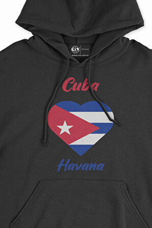 Havana Küba Bayraklı Kalpli Siyah Sweatshirt Hoodie