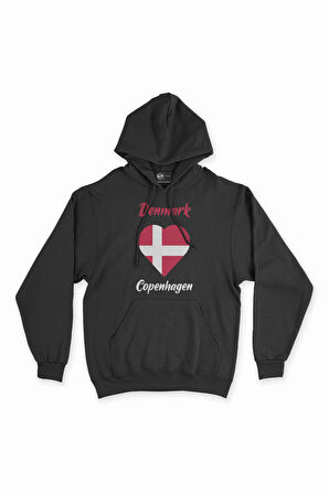 Kopenhang Danimarka Bayraklı Kalpli Siyah Sweatshirt Hoodie