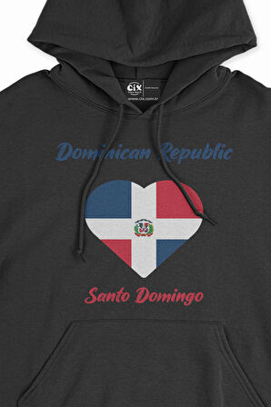 Santo Domingo Dominik Bayraklı Kalpli Siyah Sweatshirt Hoodie