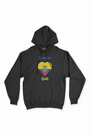 Quito Ekvator Bayraklı Kalpli Siyah Sweatshirt Hoodie