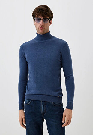 Erkek Tam Balıkçı Boğazlı Triko Mavimelanj Slim Fit Pamuklu Sık Örme Kazak NCS JEANS 3003
