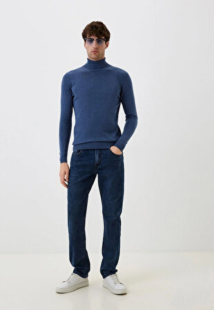 Erkek Tam Balıkçı Boğazlı Triko Mavimelanj Slim Fit Pamuklu Sık Örme Kazak NCS JEANS 3003