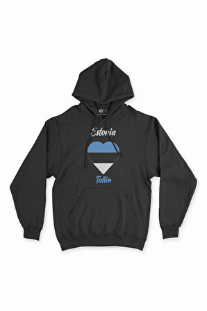Talin Estonya Bayraklı Kalpli Siyah Sweatshirt Hoodie