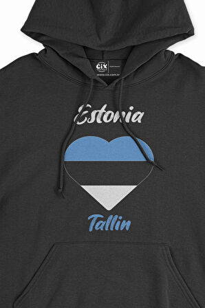 Talin Estonya Bayraklı Kalpli Siyah Sweatshirt Hoodie