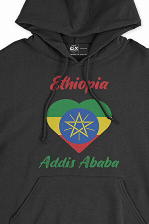 Addis Ababa Etiyopya Bayraklı Kalpli Siyah Sweatshirt Hoodie