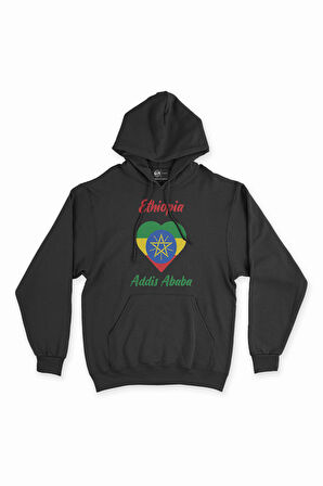 Addis Ababa Etiyopya Bayraklı Kalpli Siyah Sweatshirt Hoodie