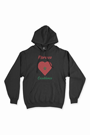 Kazablanka Fas Bayraklı Kalpli Siyah Sweatshirt Hoodie